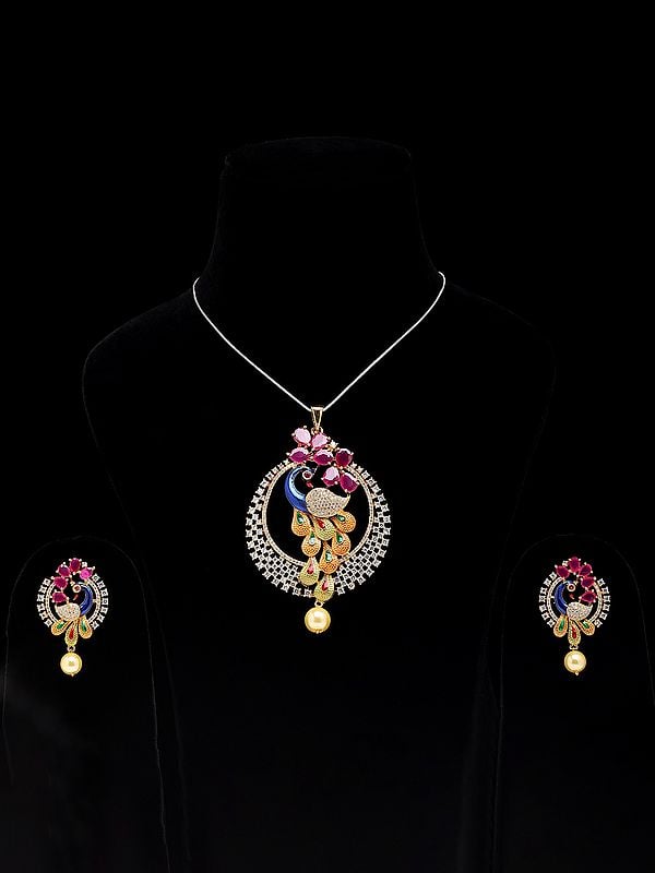 Exotic India Multicolor Stone Studded Peacock Pendant And Earrings Set With Pearl Drop