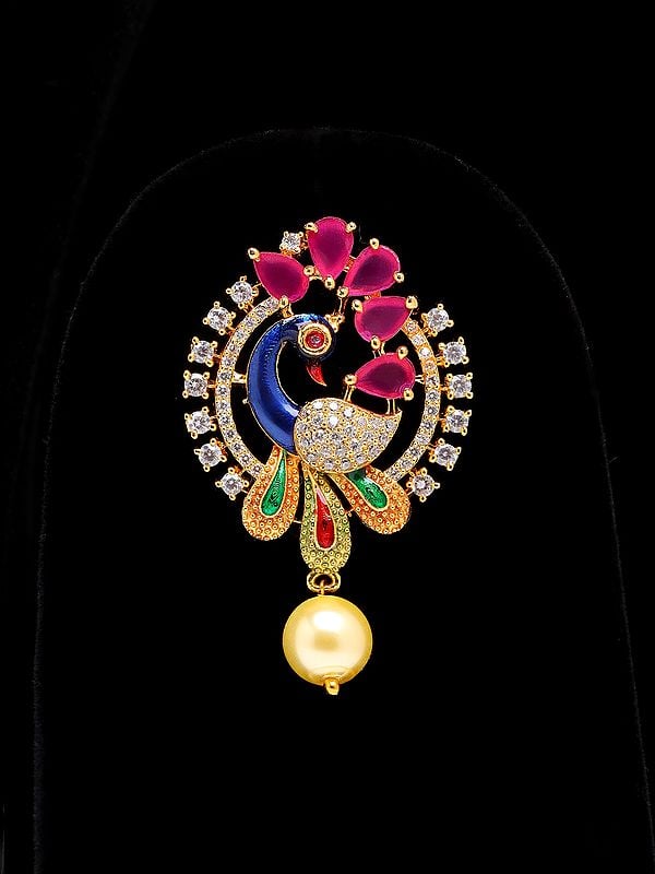 Exotic India Multicolor Stone Studded Peacock Pendant And Earrings Set With Pearl Drop