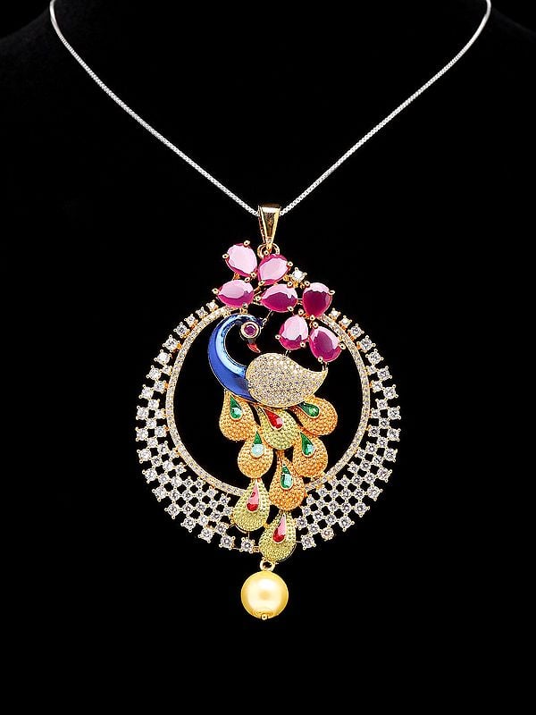 Exotic India Multicolor Stone Studded Peacock Pendant And Earrings Set With Pearl Drop