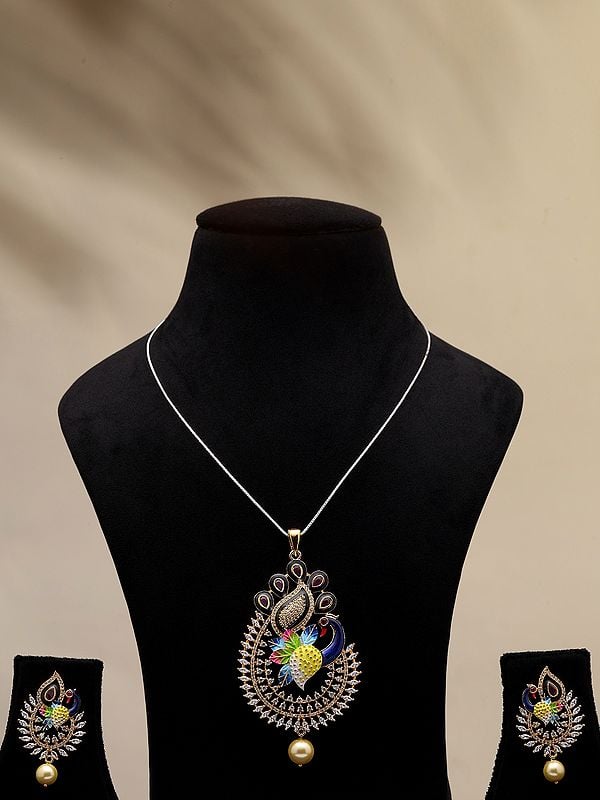 exotic india Multicolor Stone Studded Peacock Pendant and Earrings Set with Pearl Drop 