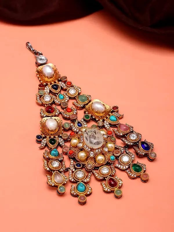 exotic india Multicolor Stone Studded Prajna Jhoomar (Passa)