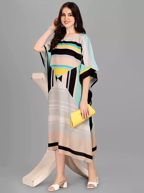 Exotic India Multicolor Stripe Print Rayon Boat Neck Midi Kaftan 
