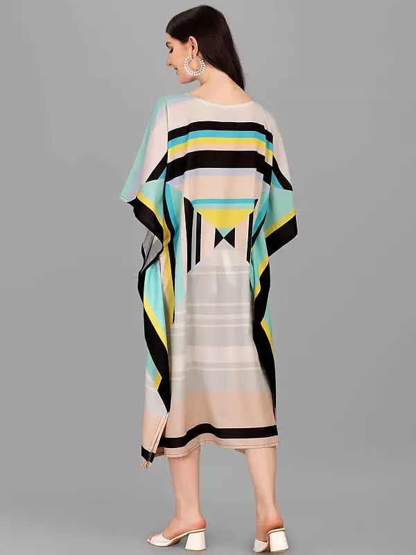 Exotic India Multicolor Stripe Print Rayon Boat Neck Midi Kaftan 