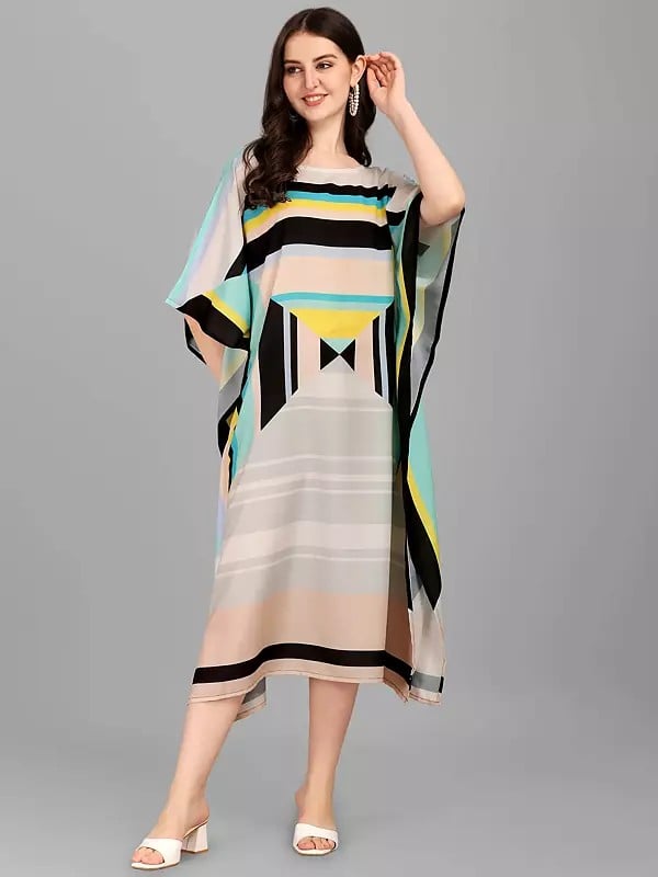 exotic india Multicolor Stripe Print Rayon Boat Neck Midi Kaftan 