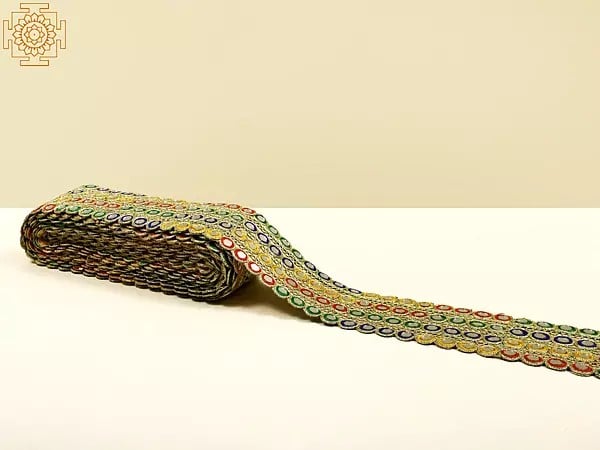 exotic india Multicolor Thread-Embroidered Fabric Border with Mirrors 