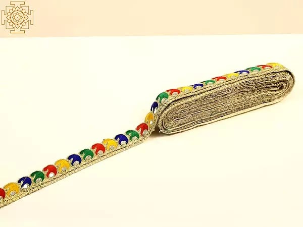 Exotic India Multicolor Thread Embroidered Paisley Border With Mirror Work