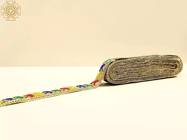 exotic india Multicolor Thread Embroidered Paisley Border with Mirror Work 