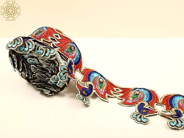 Exotic India Multicolor Thread Embroidered Peacock Border With Sequins 