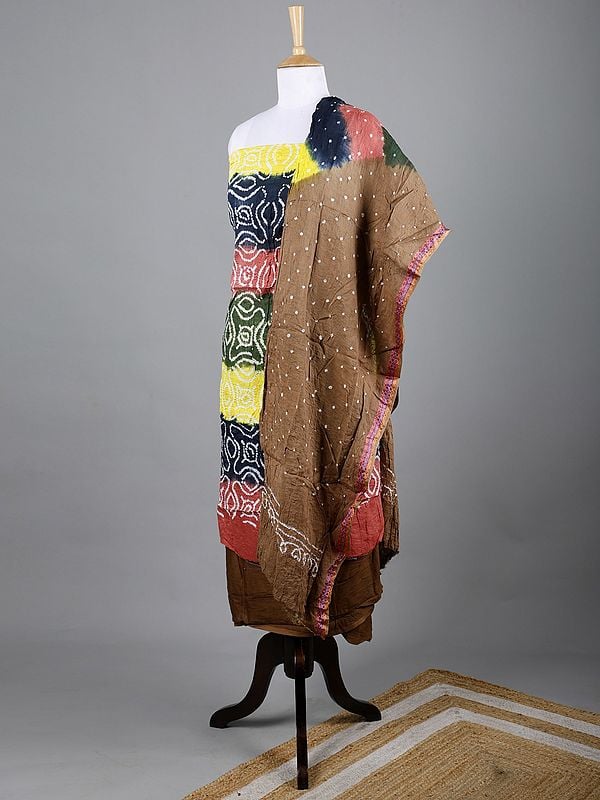 Exotic India Multicolor Tie-Dye Bandhani Salwar Kameez Fabric With Dupatta From Jodhpur 