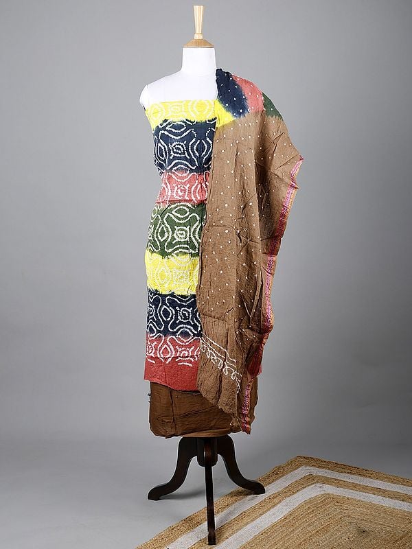 exotic india Multicolor Tie-Dye Bandhani Salwar Kameez Fabric with Dupatta from Jodhpur 