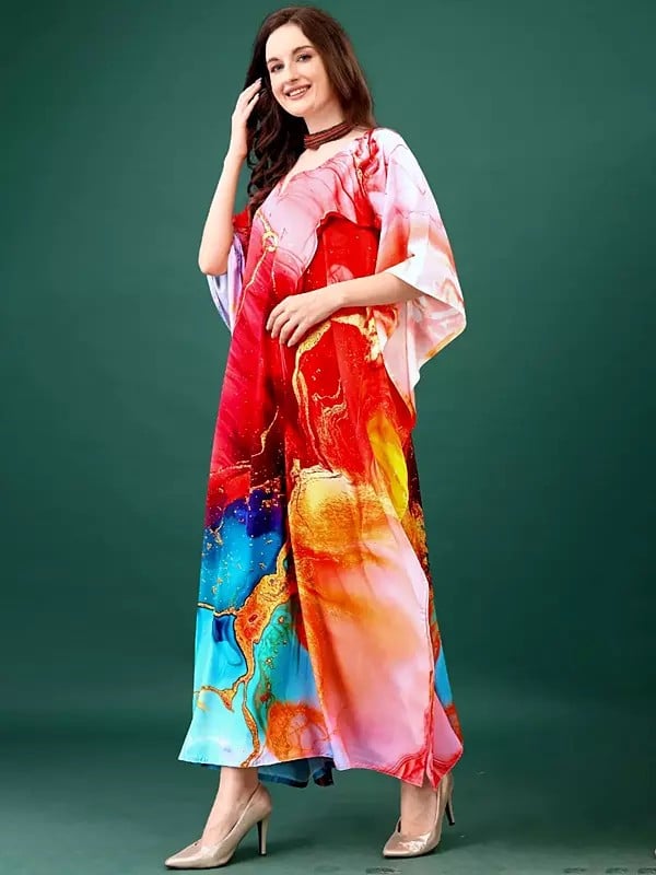 Exotic India Multicolor V-Neck Long Kaftan With Printed Vibrant Abstract Pattern 