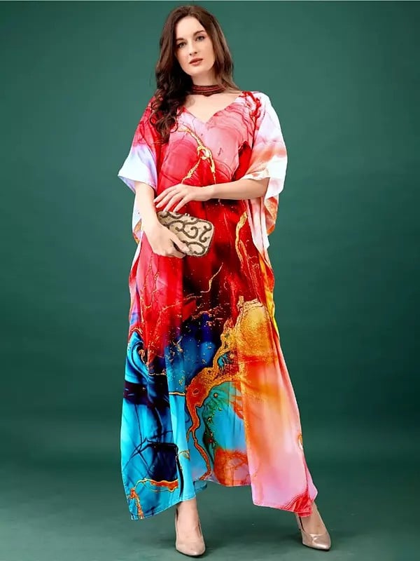 exotic india Multicolor V-Neck Long Kaftan with Printed Vibrant Abstract Pattern 