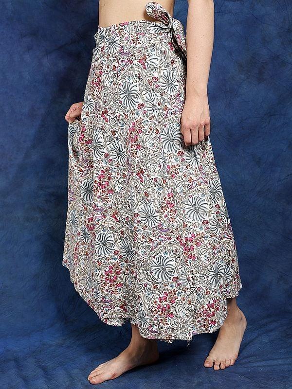 Exotic India Multicolor Wrap Around Casual Long Skirt With Printed Multicolor Flowers 