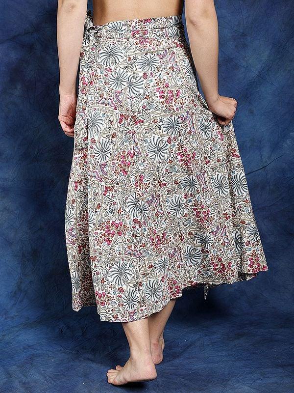 Exotic India Multicolor Wrap Around Casual Long Skirt With Printed Multicolor Flowers 