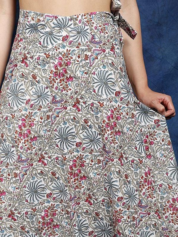 Exotic India Multicolor Wrap Around Casual Long Skirt With Printed Multicolor Flowers 