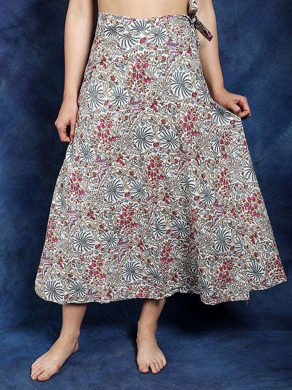 exotic india Multicolor Wrap Around Casual Long Skirt with Printed Multicolor Flowers 