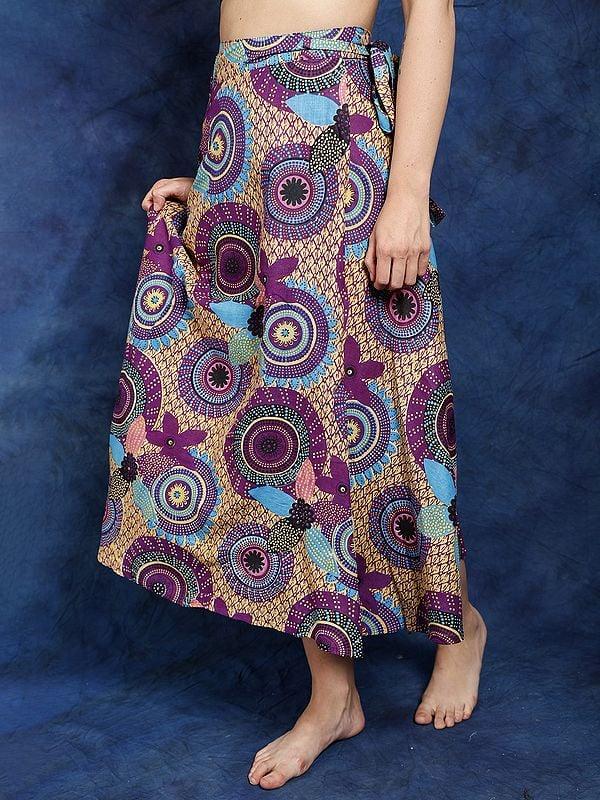Exotic India Multicolor Wrap Around Long Skirt With Printed Chakra Pattern 
