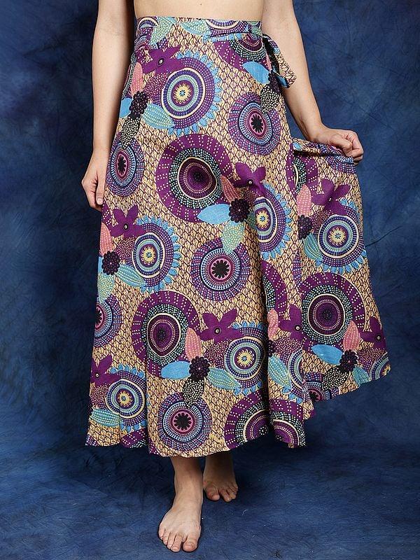 exotic india Multicolor Wrap Around Long Skirt with Printed Chakra Pattern