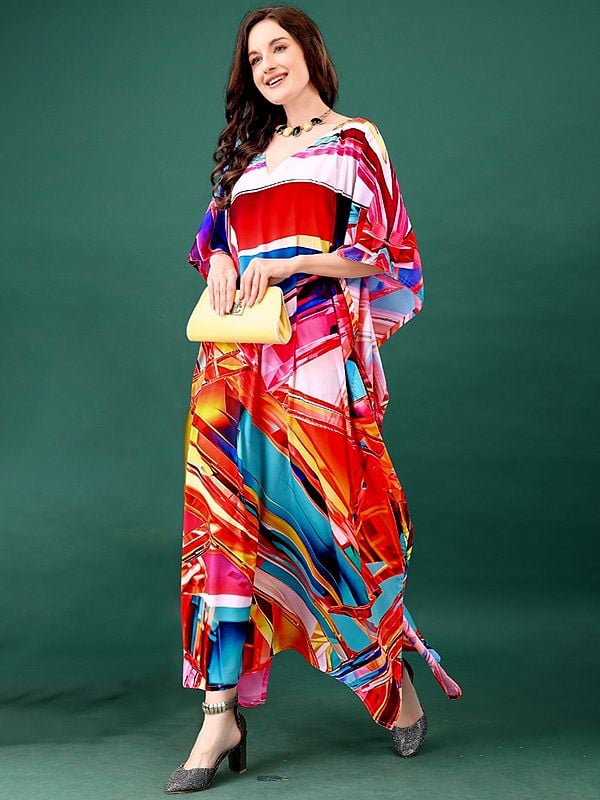 Exotic India Multicoloured Long Kaftan With Printed Abstract Pattern 