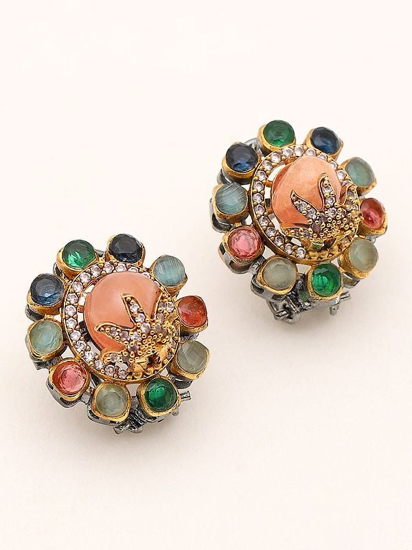 Exotic India Multistone Studded Floral Design Earrings
