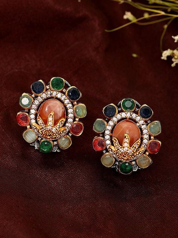 exotic india Multistone Studded Floral Design Earrings