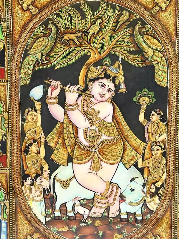 Exotic India Murli Manohar Lord Krishna | 24 Karat Gold Work | Framed Tanjore Painting 