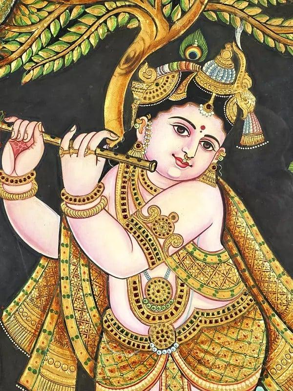 Exotic India Murli Manohar Lord Krishna | 24 Karat Gold Work | Framed Tanjore Painting 