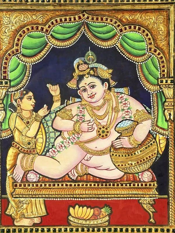 Exotic India Murli Manohar Lord Krishna | 24 Karat Gold Work | Framed Tanjore Painting 