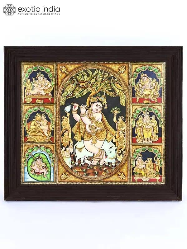 exotic india Murli Manohar Lord Krishna | 24 Karat Gold Work | Framed Tanjore Painting 