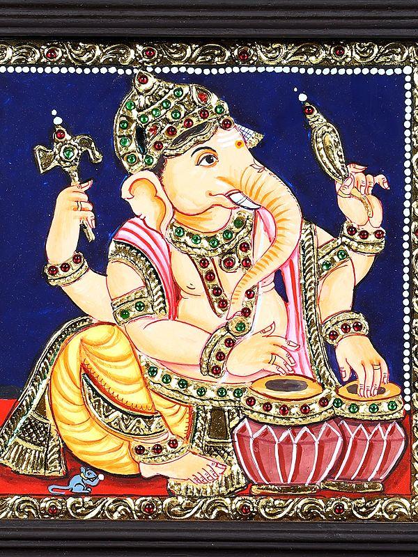 Exotic India Musical Ganesha | 24 Karat Gold Work | Framed Tanjore Painting