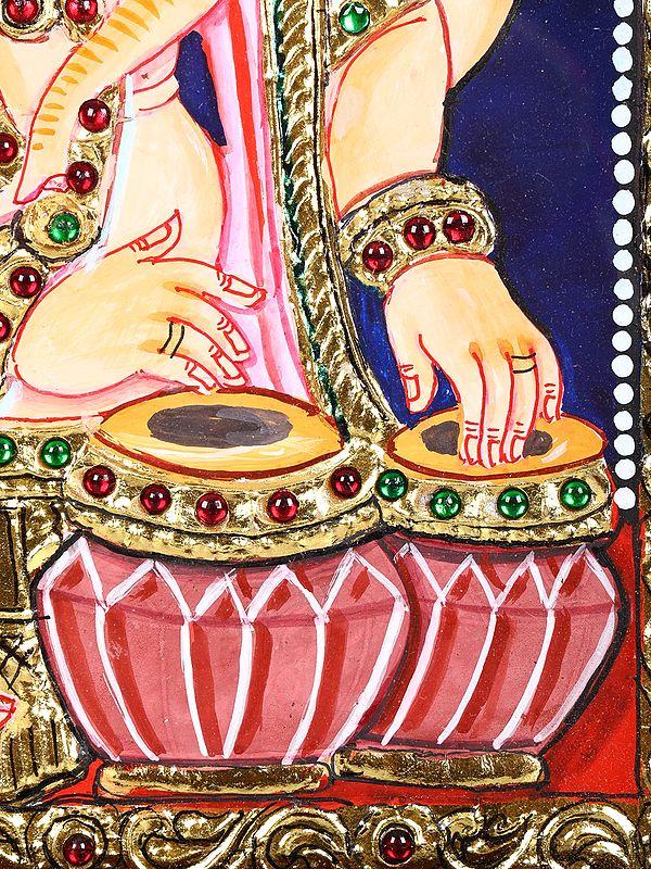 Exotic India Musical Ganesha | 24 Karat Gold Work | Framed Tanjore Painting