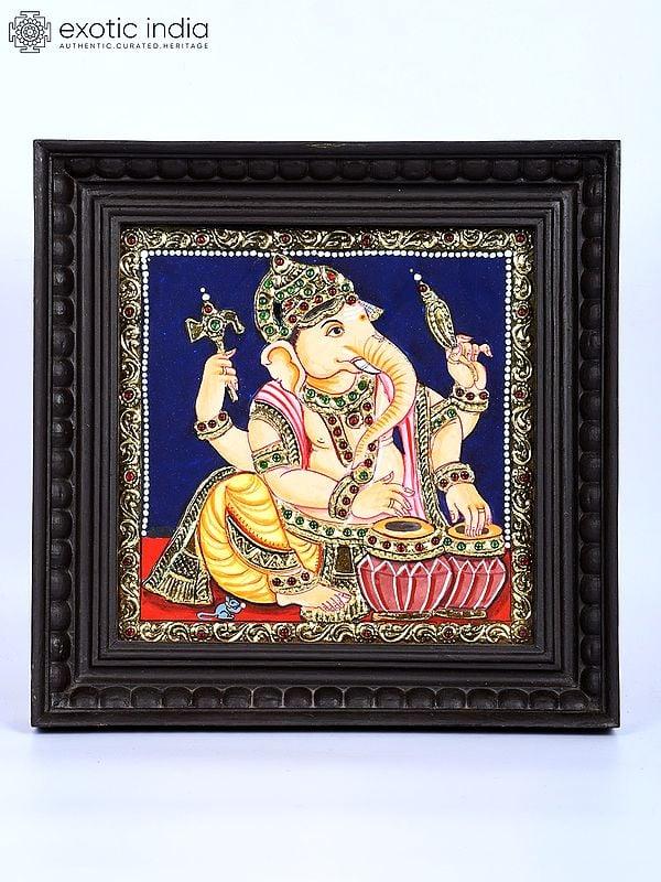 exotic india Musical Ganesha | 24 Karat Gold Work | Framed Tanjore Painting