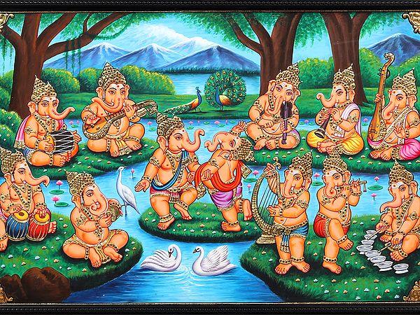 Exotic India Musical Ganeshas Tanjore Painting | 22 Karat Gold Work | With Frame