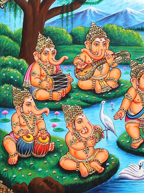 Exotic India Musical Ganeshas Tanjore Painting | 22 Karat Gold Work | With Frame