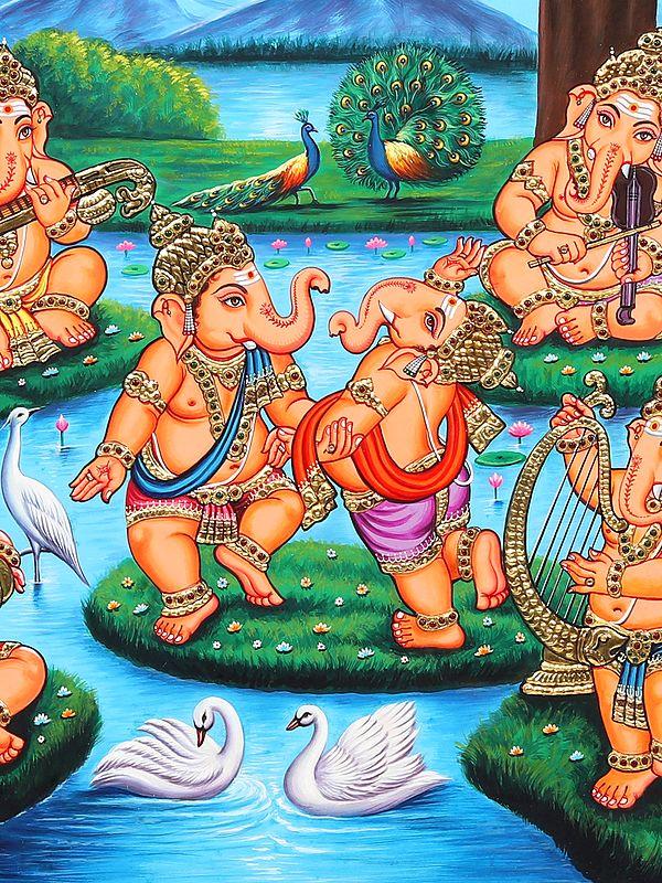 Exotic India Musical Ganeshas Tanjore Painting | 22 Karat Gold Work | With Frame