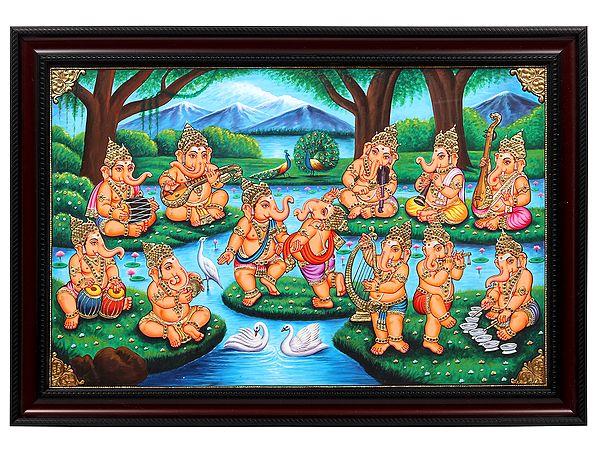 exotic india Musical Ganeshas Tanjore Painting | 22 Karat Gold Work | With Frame 