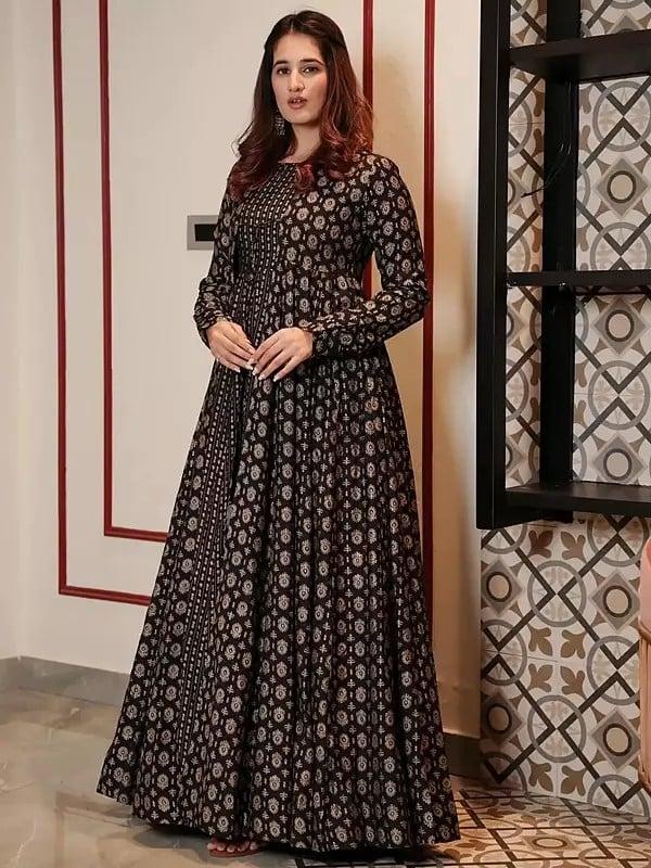 Exotic India Muslin Coal Black Festive Wear Koti Style Indo-Western Suit With Round Flair
