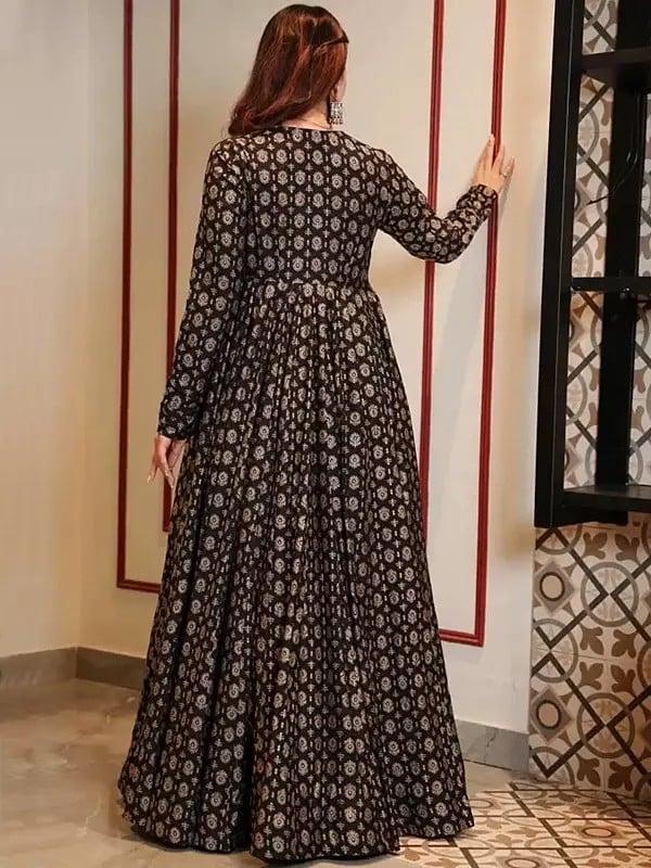 Exotic India Muslin Coal Black Festive Wear Koti Style Indo-Western Suit With Round Flair