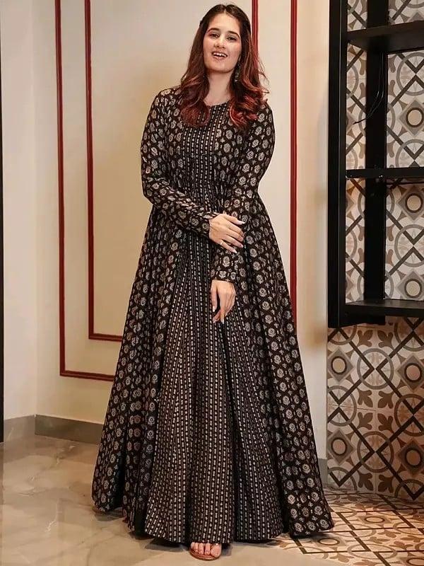 exotic india Muslin Coal Black Festive Wear Koti Style Indo-Western Suit with Round Flair 
