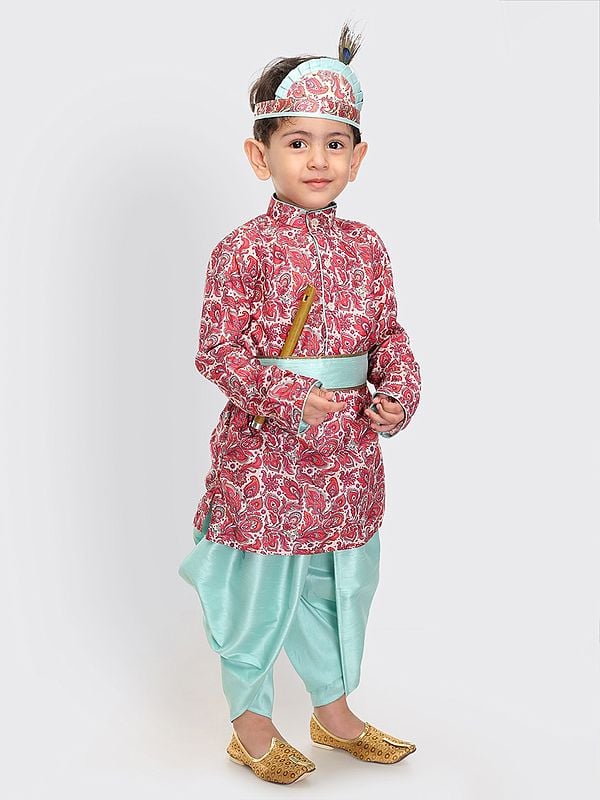 Exotic India Muslin Cotton Blend Little Krishna Set Digital Printed Pink Kurta With Silk Blend Mint-Green Dhoti And Headband