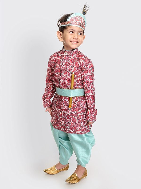 Exotic India Muslin Cotton Blend Little Krishna Set Digital Printed Pink Kurta With Silk Blend Mint-Green Dhoti And Headband