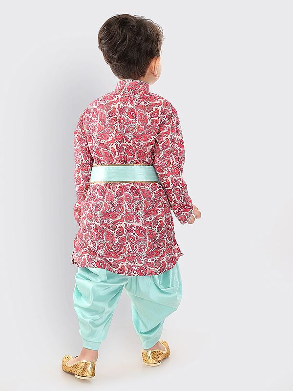 Exotic India Muslin Cotton Blend Little Krishna Set Digital Printed Pink Kurta With Silk Blend Mint-Green Dhoti And Headband