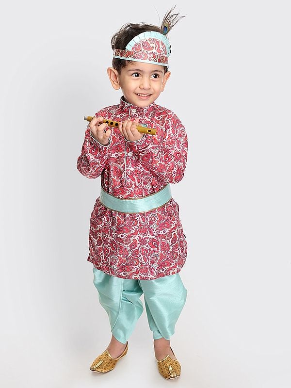 exotic india Muslin Cotton Blend Little Krishna Set Digital Printed Pink Kurta With Silk Blend Mint-Green Dhoti And Headband 
