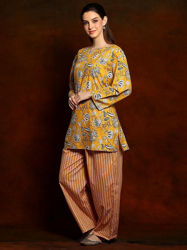 Exotic India Mustard Yellow Pure Cotton Indian Style Co-Ord Set