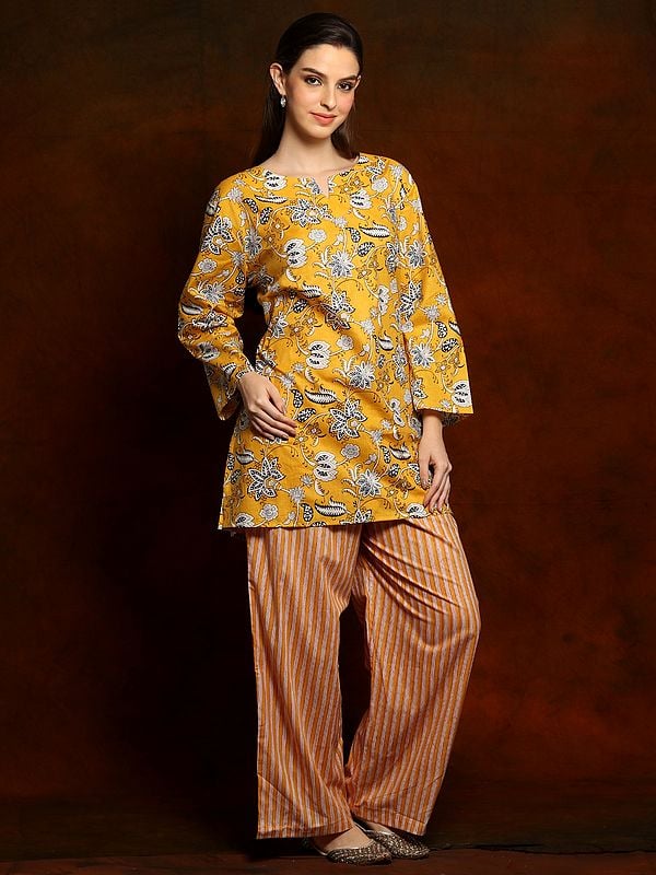 Exotic India Mustard Yellow Pure Cotton Indian Style Co-Ord Set