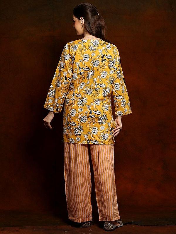 Exotic India Mustard Yellow Pure Cotton Indian Style Co-Ord Set