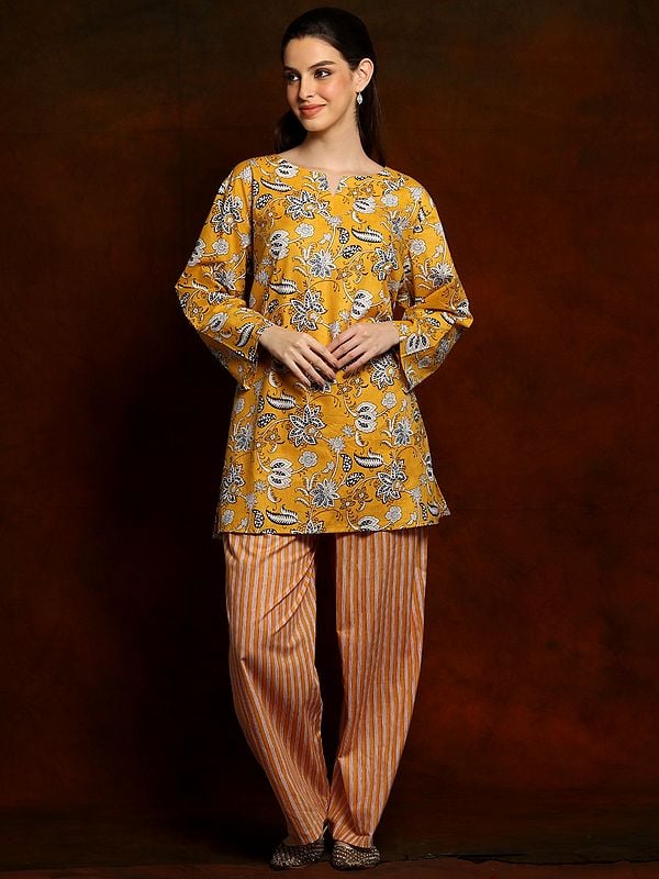 exotic india Mustard Yellow Pure Cotton Indian Style Co-Ord Set 