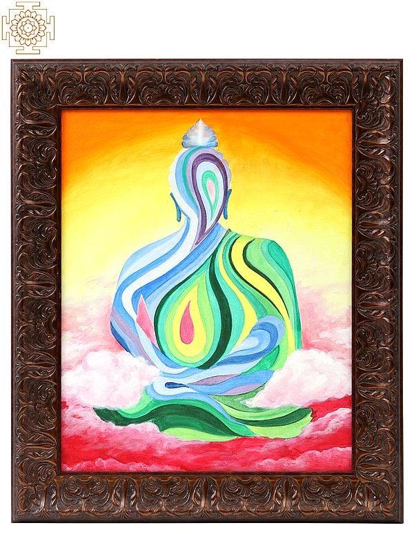 exotic india Mystic Buddha Oil Painting With Wooden Carved Frame 