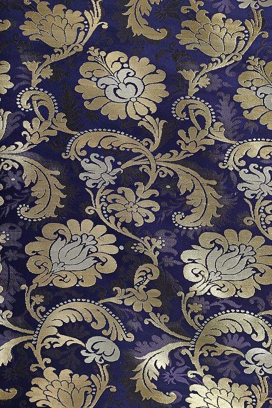 exotic india Mystical-Blue Kim Khwab Handloom Silk Fabric from Banaras with Floral Patterns 