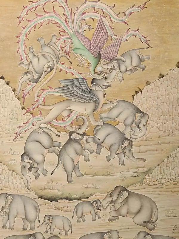 Exotic India Mythical Beast With A Herd Of Elephants 